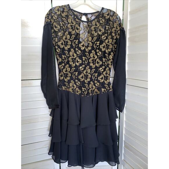 Gold and Black Sparkle Glitter Ballroom Ruffle Dress Cocktail Formal Sz Small - Picture 1 of 8